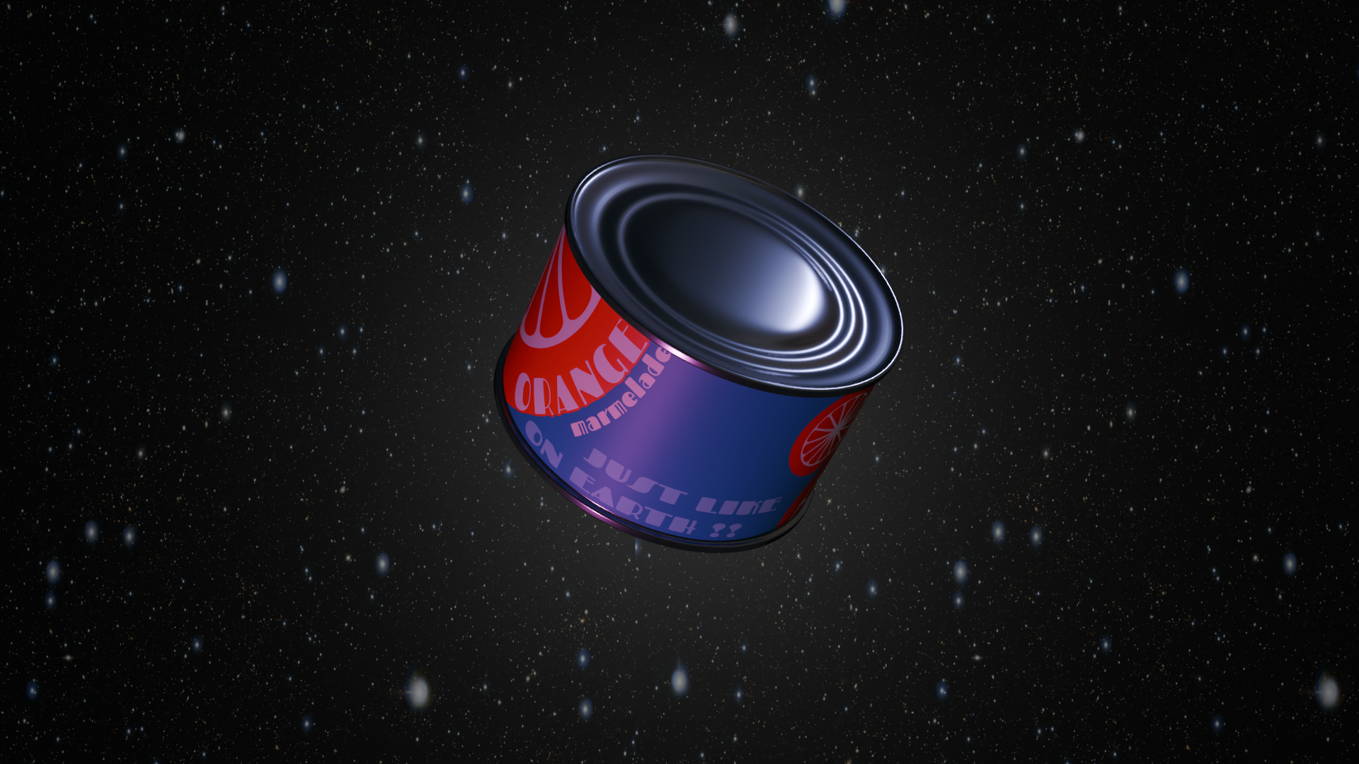 A tin can of orange marmelade floating in space