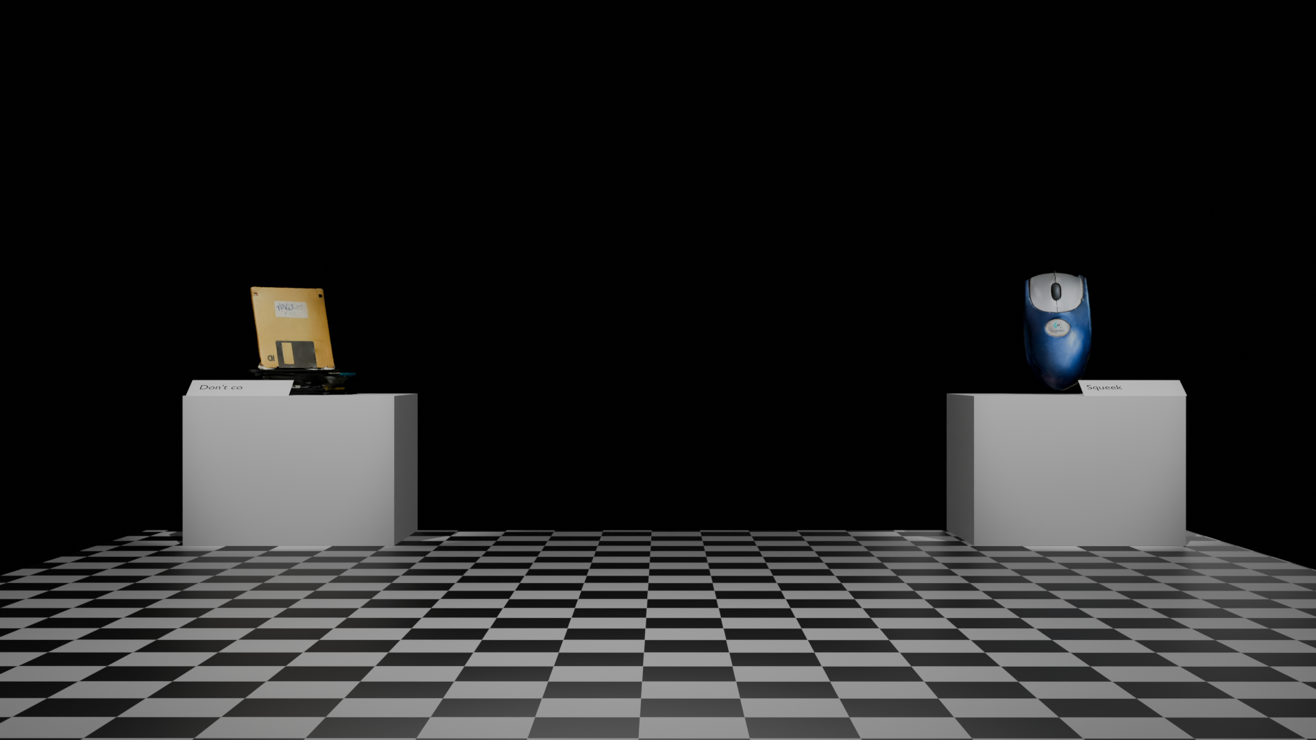 On a checkered floor, 2 exhibition podium are dressed, on the left, a pile of floppy disk is on it, on the right, a computer mouse.