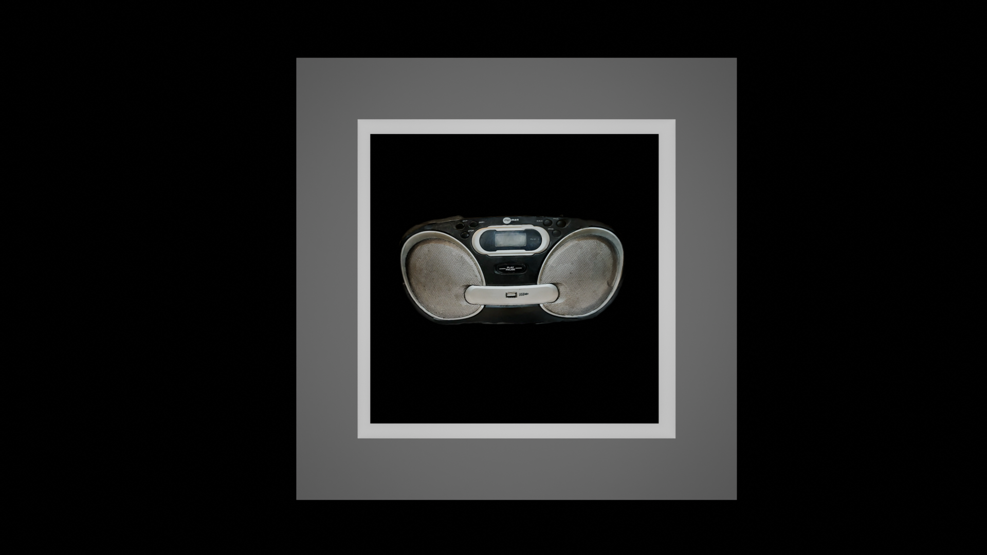 A CD player is framed by a simple gery frame on a black background.