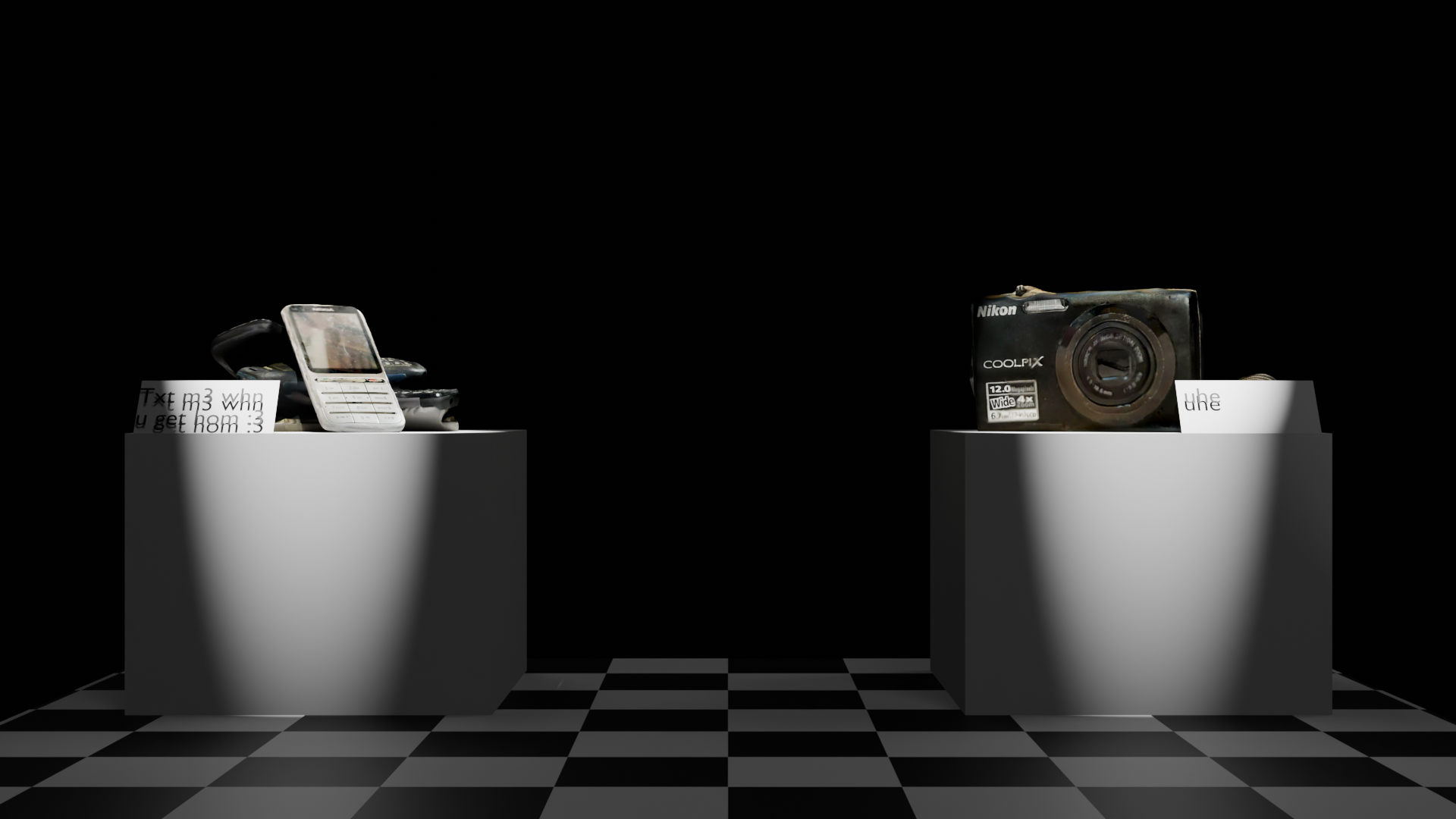 2 exhibition podium, on the left a pile of old mobile phone, on the right a small brown digital camera.