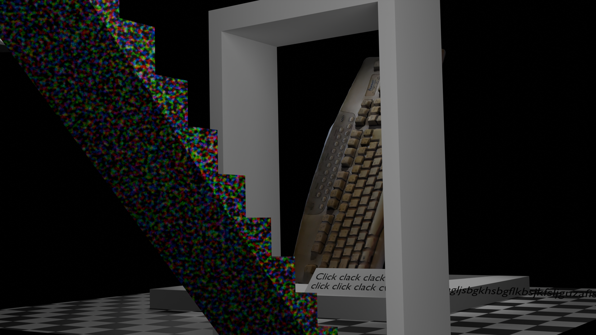 A door framed with a glitchy staircase in front of it. Befind the door frame is an old keyboard.