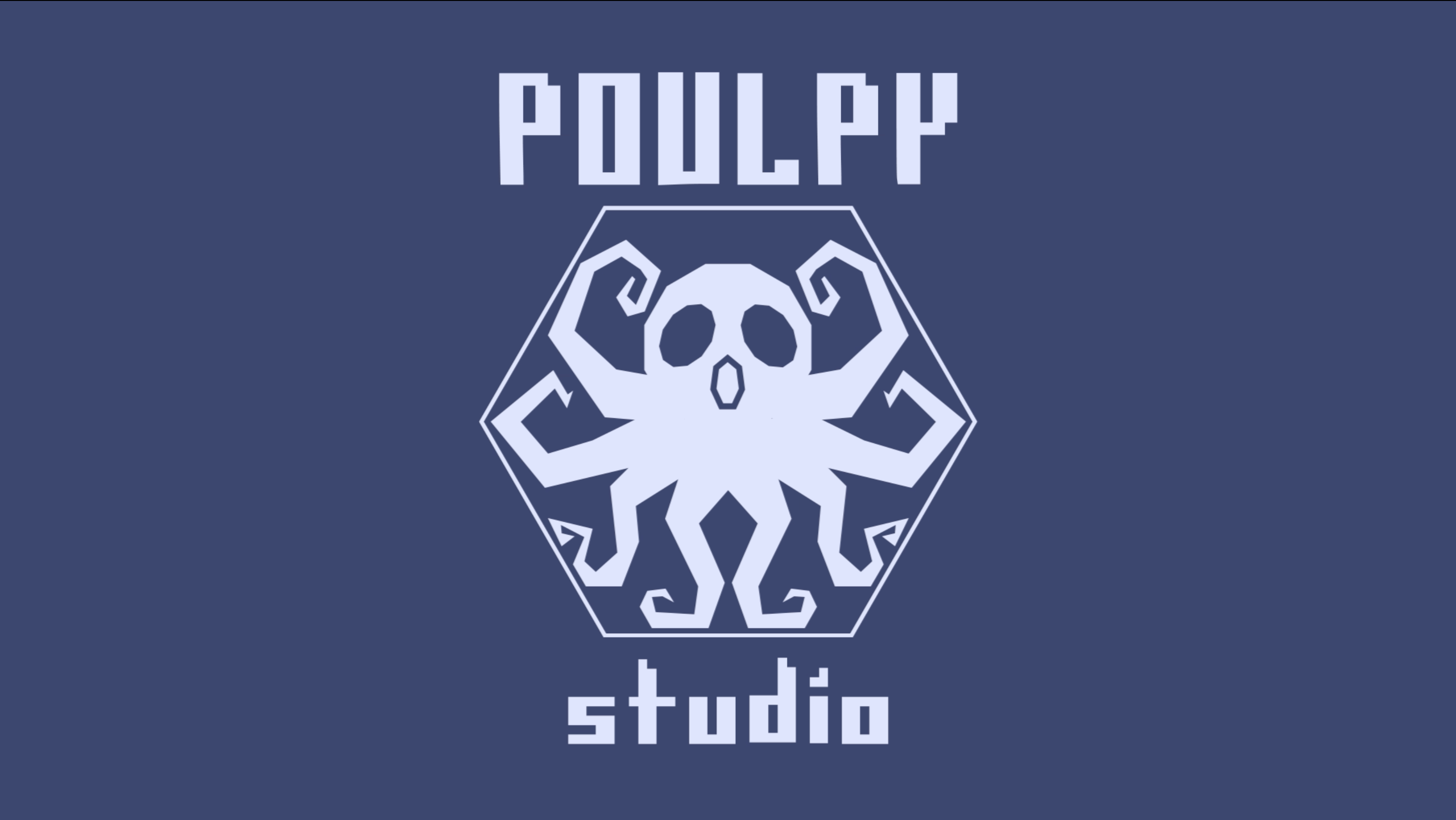 A light blue stylized octopus silhouette logo in a sexagone on a dark blue background, the text: POULPY is on top of it and studio is under it.