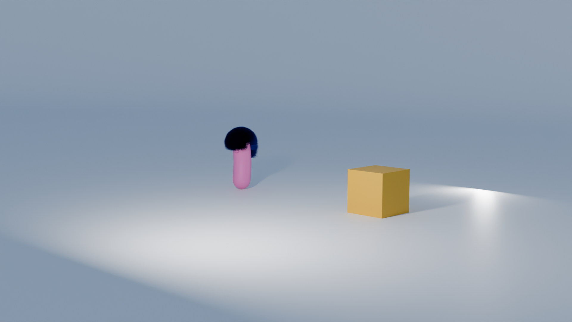 A 3d pink pilule with a blue mullet jumps next to a yellow cube in a white room. It stops and look around then coutinue to jump. The hair is pretty laggy