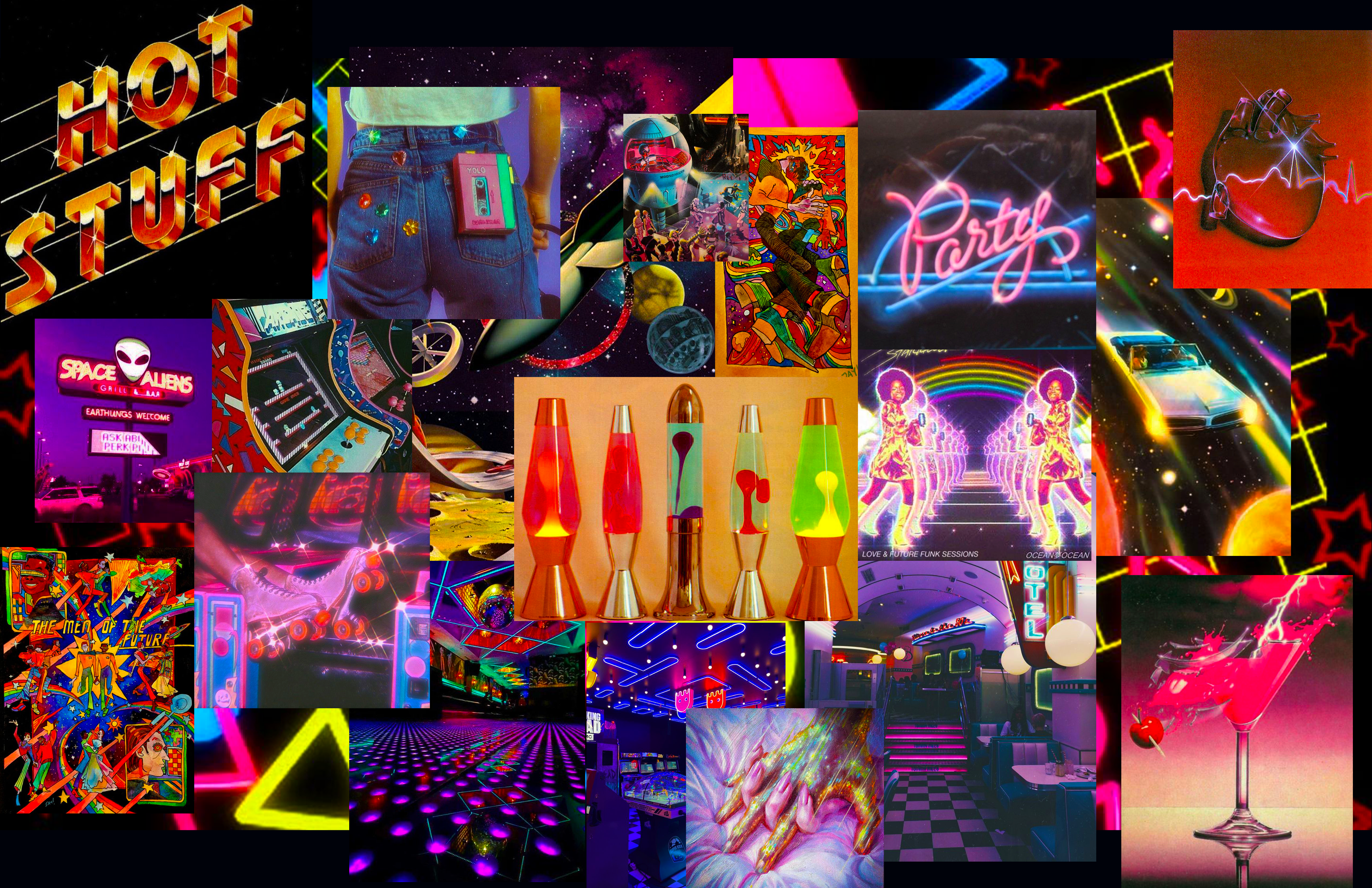 Moodboard full of Neon colors, 80s illustration and lava lamps.