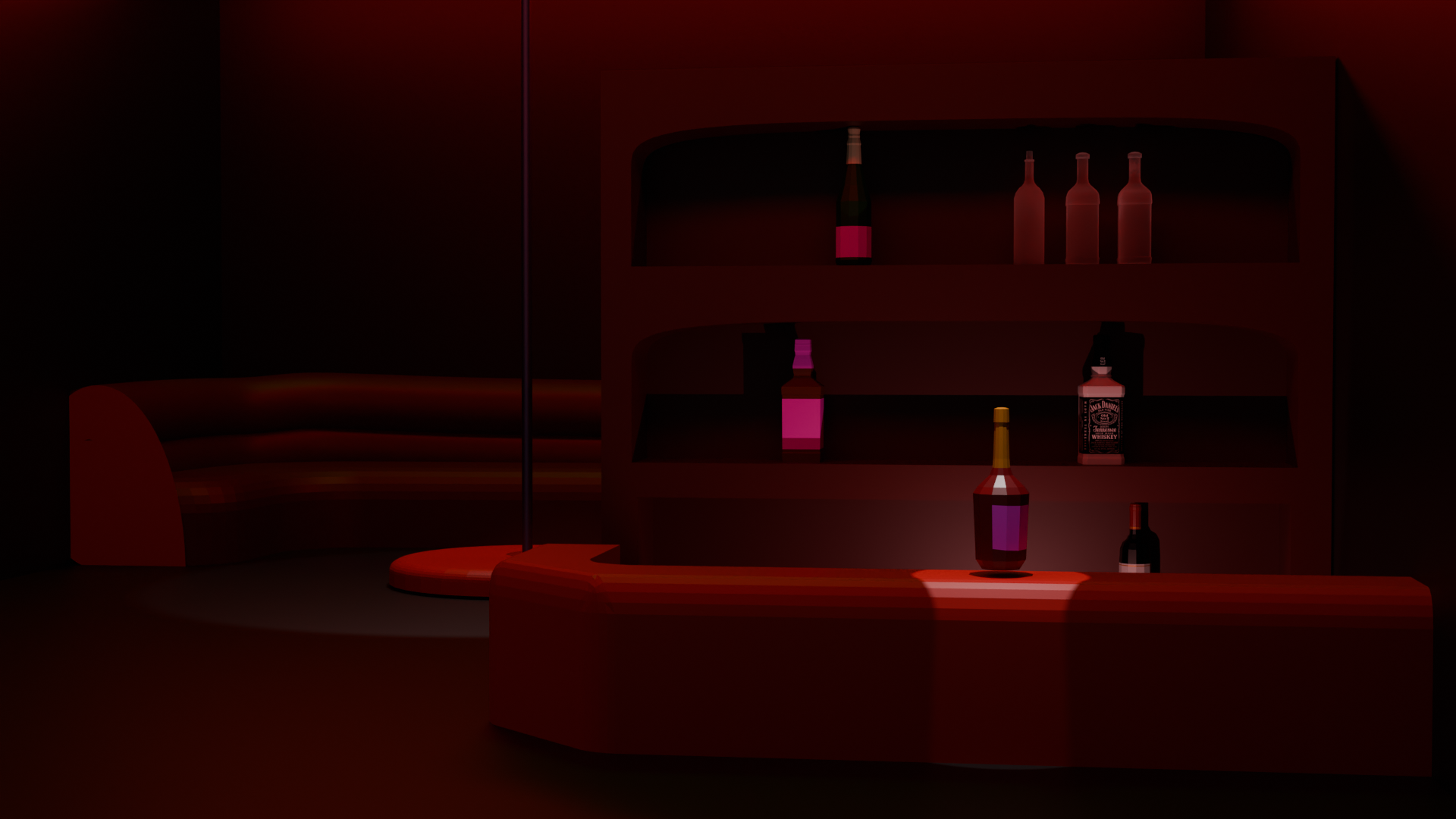 Bar in red light, poledance bar in the back, a bottle of alcohol on the counter in the spotlight.