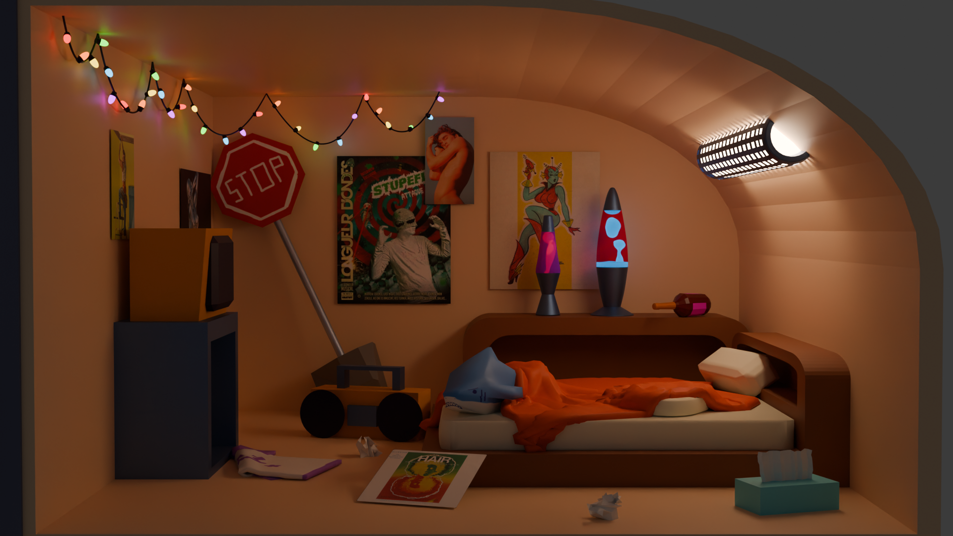 A messy bedroom in warm colors with a floor height bed with a shark plushy on it, 2 lava lamps on a shelf next to a bottle of alcohol, several posters on the wall, a multicolor lamp guirland on the top left of the room, under it a small TV, on the corner an uprooted stop sign, on the floor, a casset radio, a t-shirt, used tissues and a box of tissue and a vinyl of HAIR the musical.