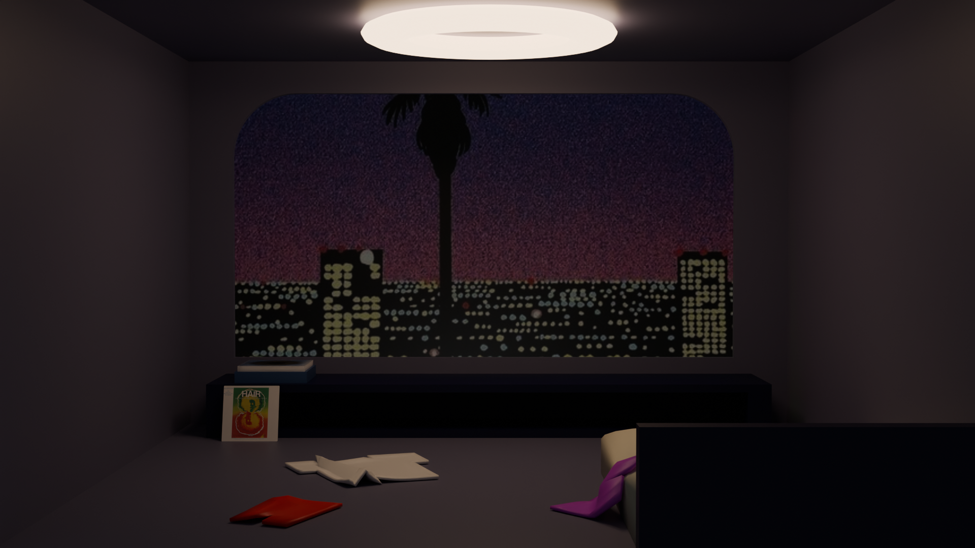 Grey cold bedroom, window with view on the city, clothes on the floor, turntable playing HAIR the musical.