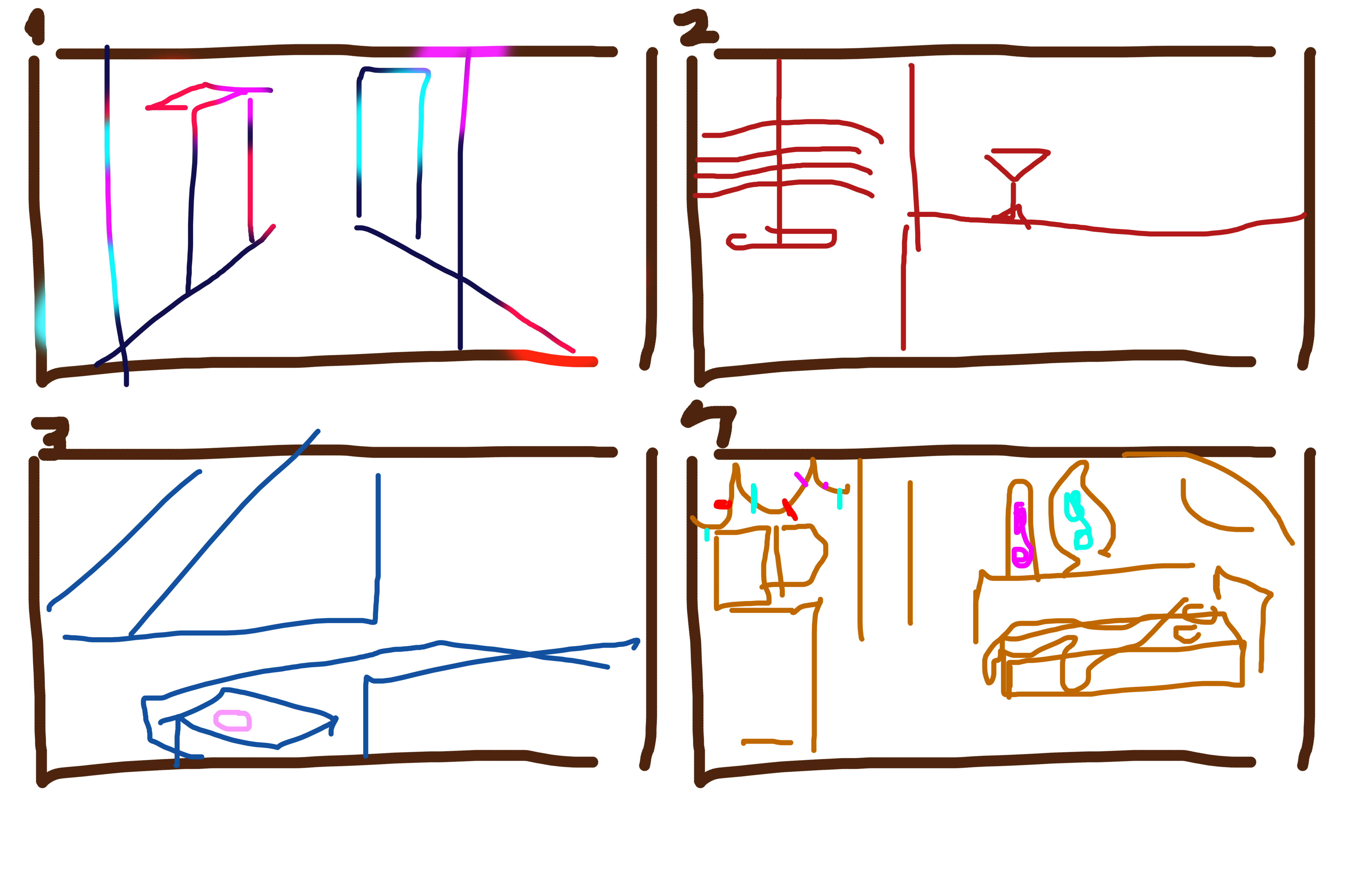 Storyboard showcasing 4 place poorly drawn in order of apparition.